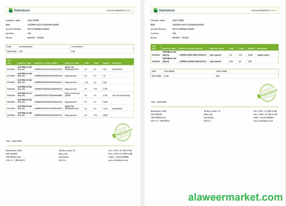 Azerbaijan Rabitabank bank statement Word and PDF template 2 pages